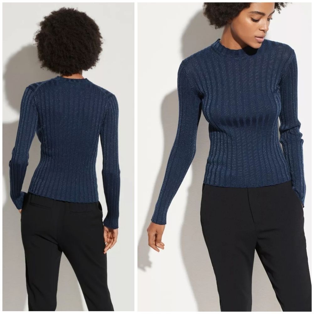 Vince Wool Ribbed Mock Neck Sweater in Blue - Picture 2 of 13